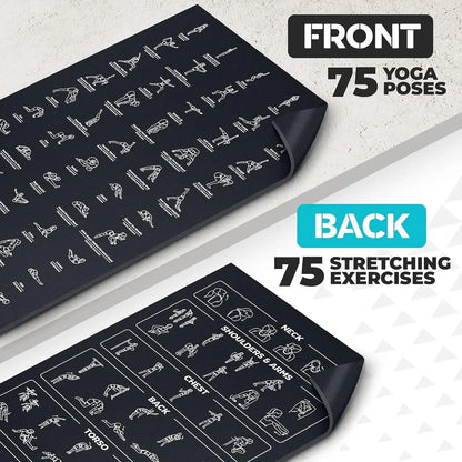 Yoga Mat with 75 Illustrated Yoga Poses & 75 Stretches printed on it, Including carrying Strap.