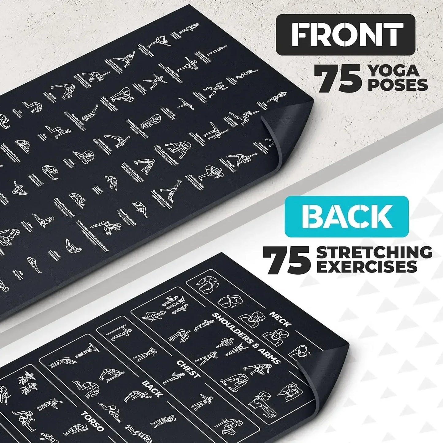 Yoga Mat with 75 Illustrated Yoga Poses & 75 Stretches printed on it, Including carrying Strap.