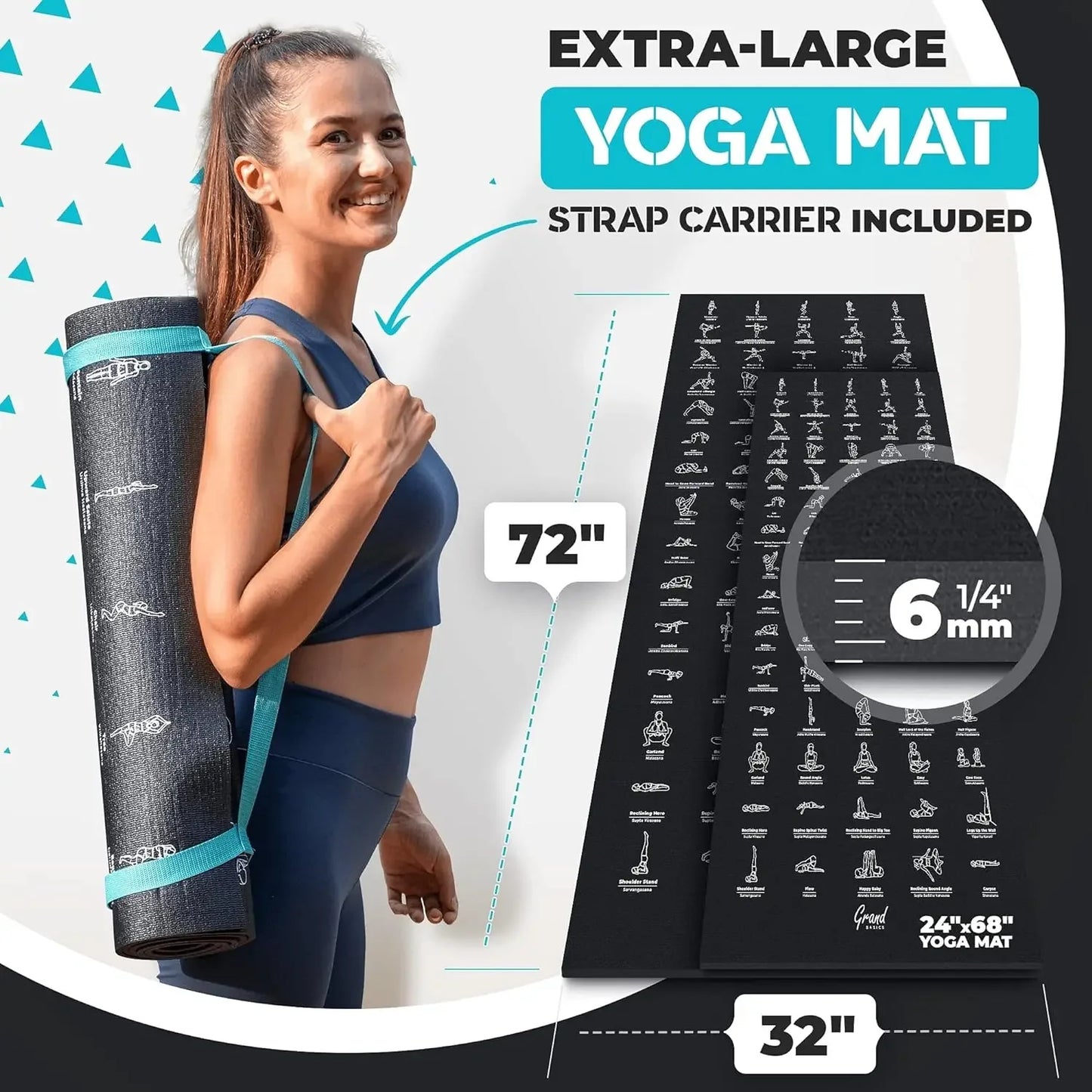 Yoga Mat with 75 Illustrated Yoga Poses & 75 Stretches printed on it, Including carrying Strap.