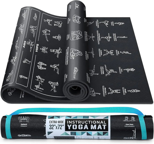 Yoga Mat with 75 Illustrated Yoga Poses & 75 Stretches printed on it, Including carrying Strap.