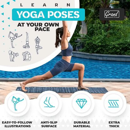 Yoga Mat with 75 Illustrated Yoga Poses & 75 Stretches printed on it, Including carrying Strap.